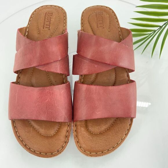 Born Sandals Women's 9 Luna Slide Red Leather Slip On Wedge Casual Open Toe - Picture 14 of 16